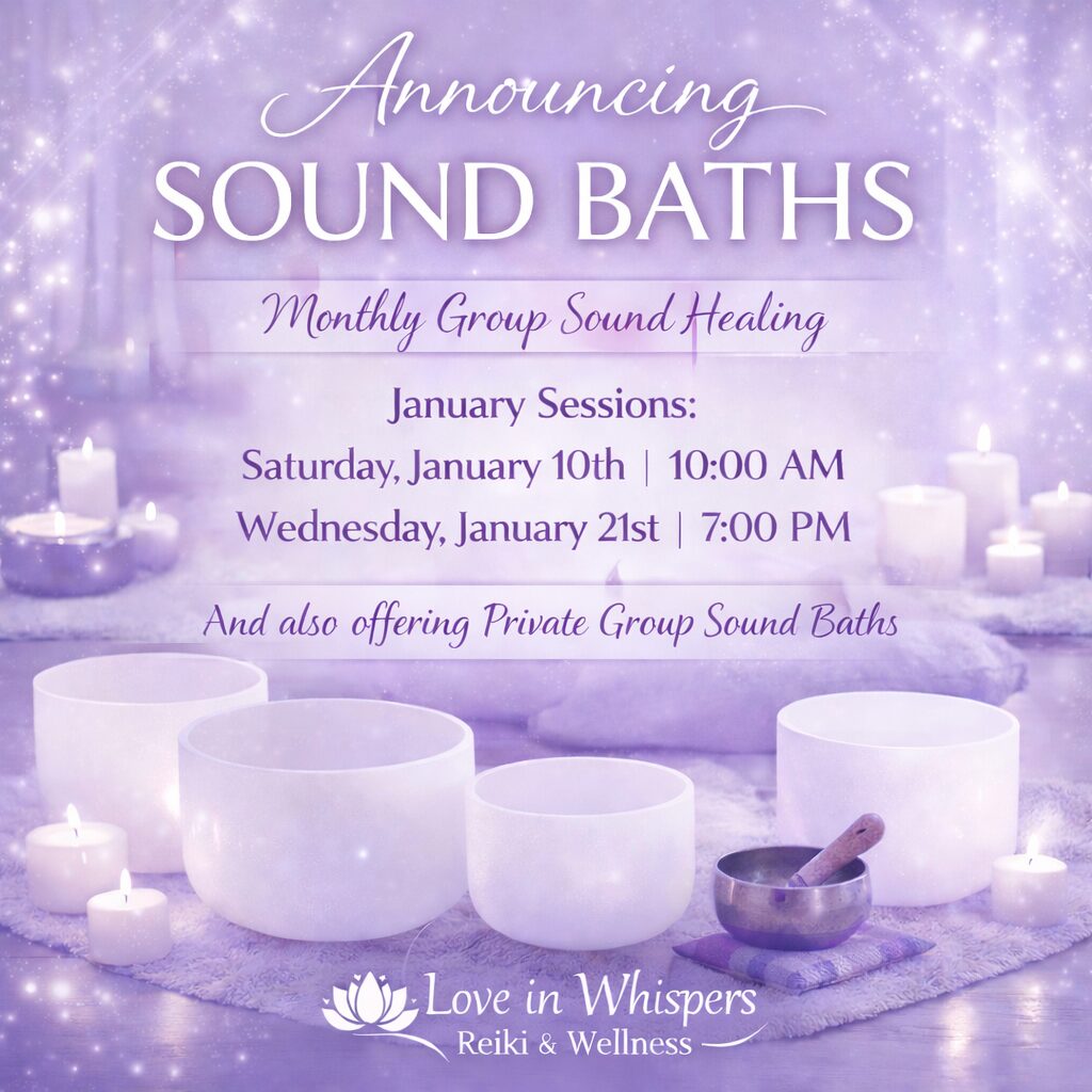 Purple sound bath scene with singing bowls