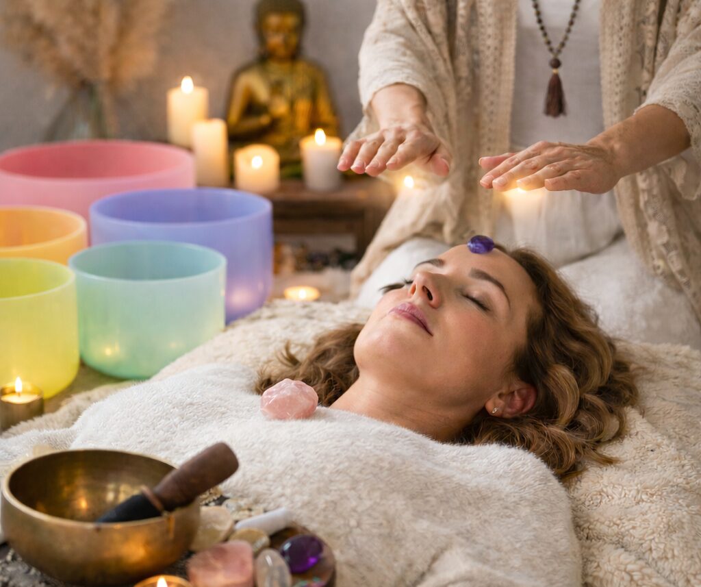 Woman receiving crystal energy healing session