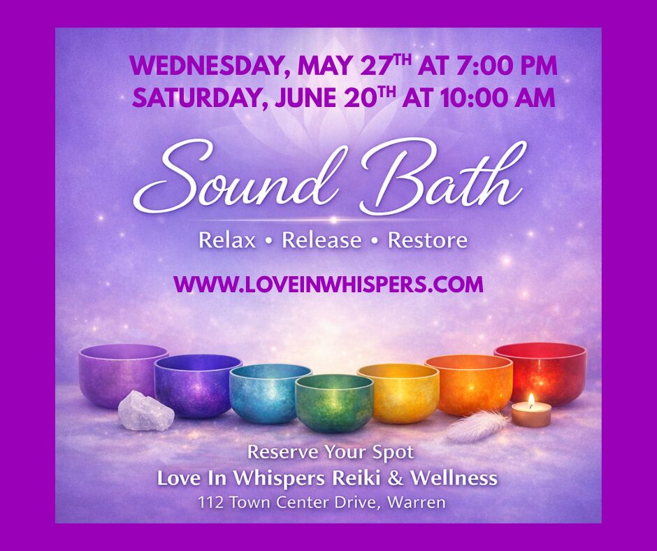 Sound bath flyer with rainbow singing bowls