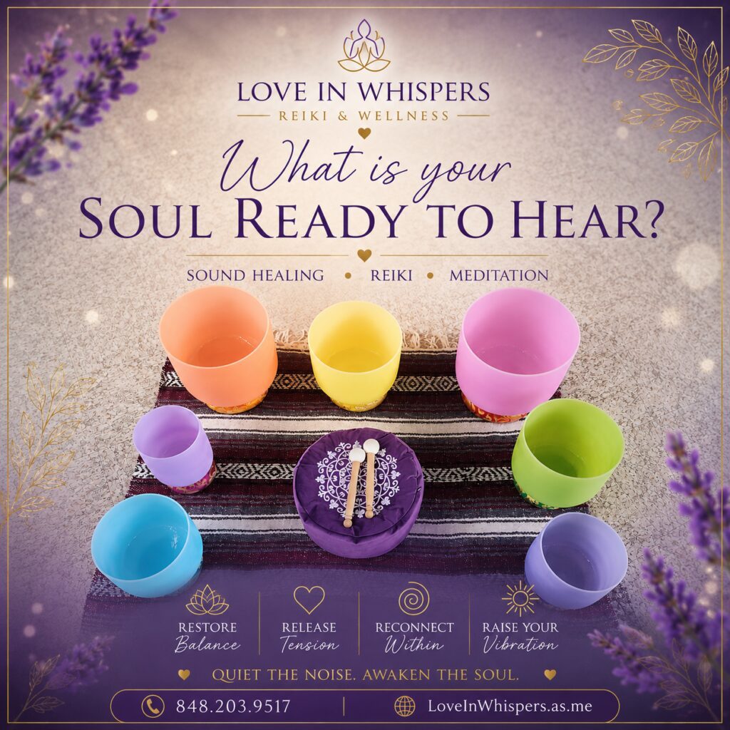 Colorful singing bowls on wellness flyer