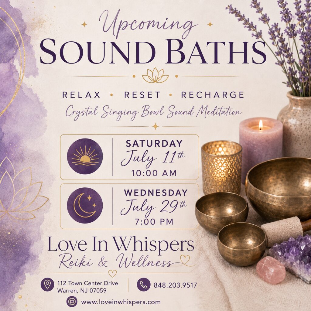 Upcoming sound bath event details and meditation.